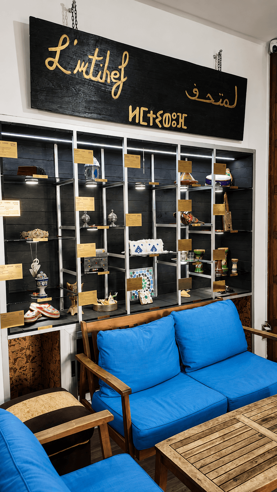 The lounge and Moroccan craft display at Al Minbar Institute
