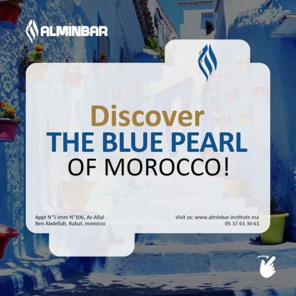Al Minbar card reading 'Discover the Blue Pearl of Morocco', over the blue streets of Chefchaouen