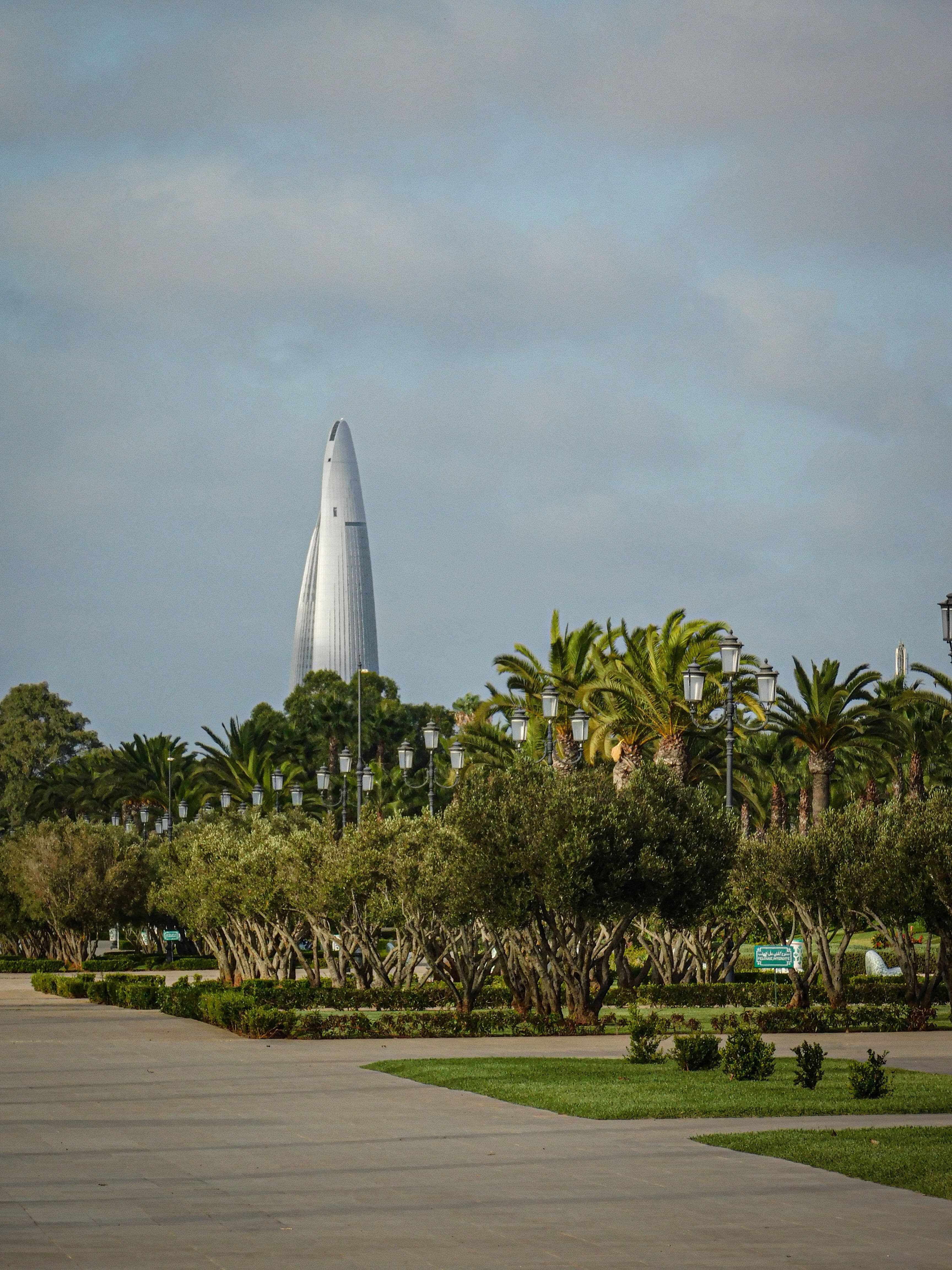 Olive trees and green lawns on an esplanade in Rabat, with the Mohammed VI Tower in the distance