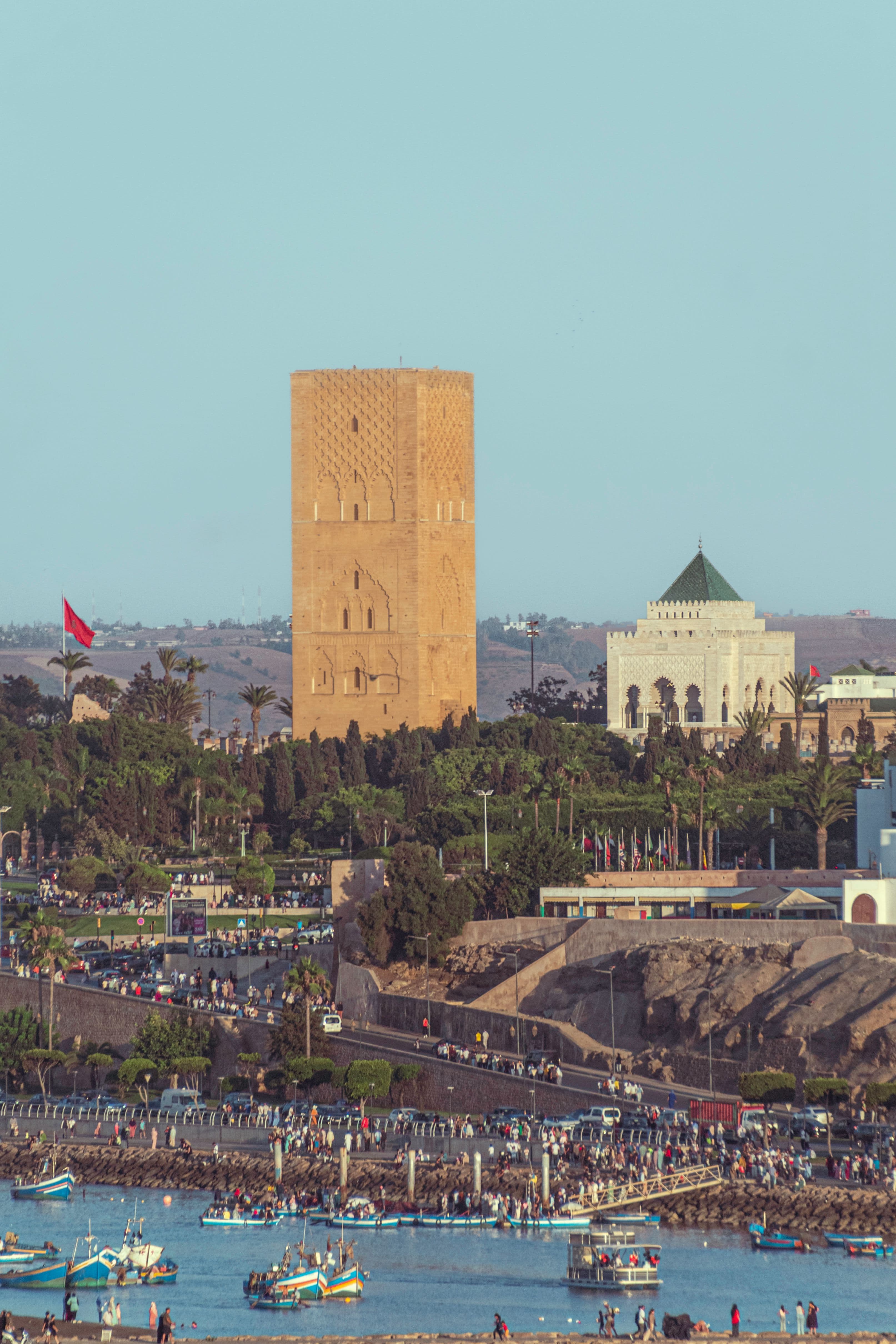 Hassan Tower and the Mausoleum of Mohammed V above the river in Rabat